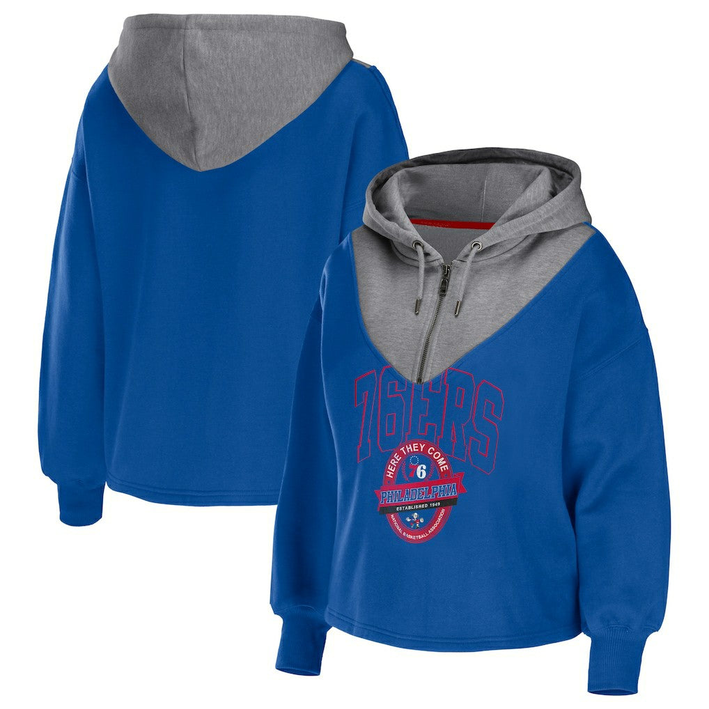 Philadelphia 76ers WEAR by Erin Andrews Women's Pieced Quarter-Zip Hoodie Jacket Royal - NBA