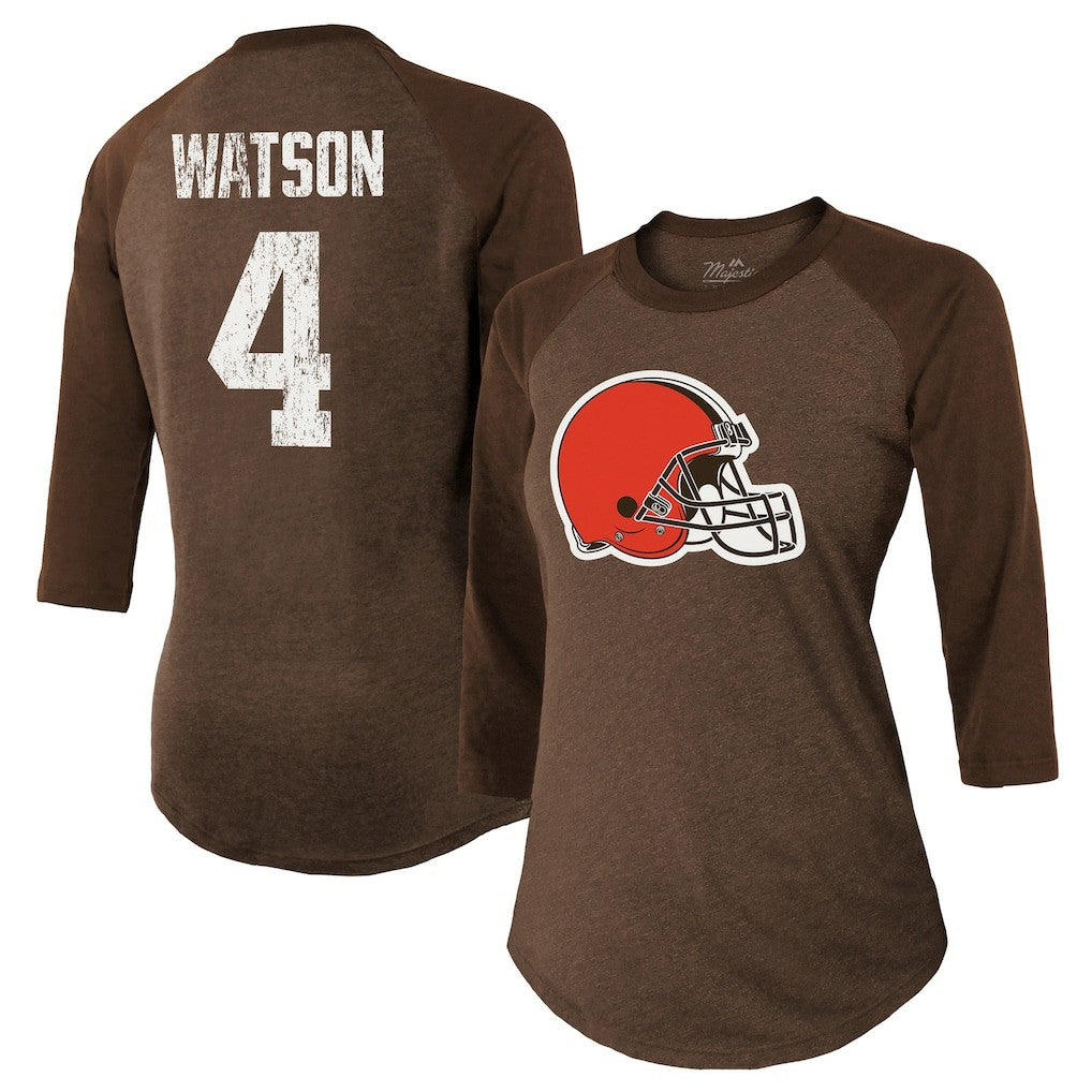 Deshaun Watson Cleveland Browns Majestic Threads Women's Name & Number Raglan 3/4 Sleeve T-Shirt Brown | NFL