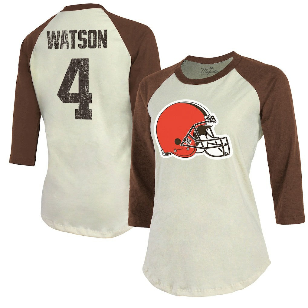 Deshaun Watson Cleveland Browns Majestic Threads Women's Player Name & Number Tri-Blend Three-Quarter Sleeve T-Shirt Cream | NFL