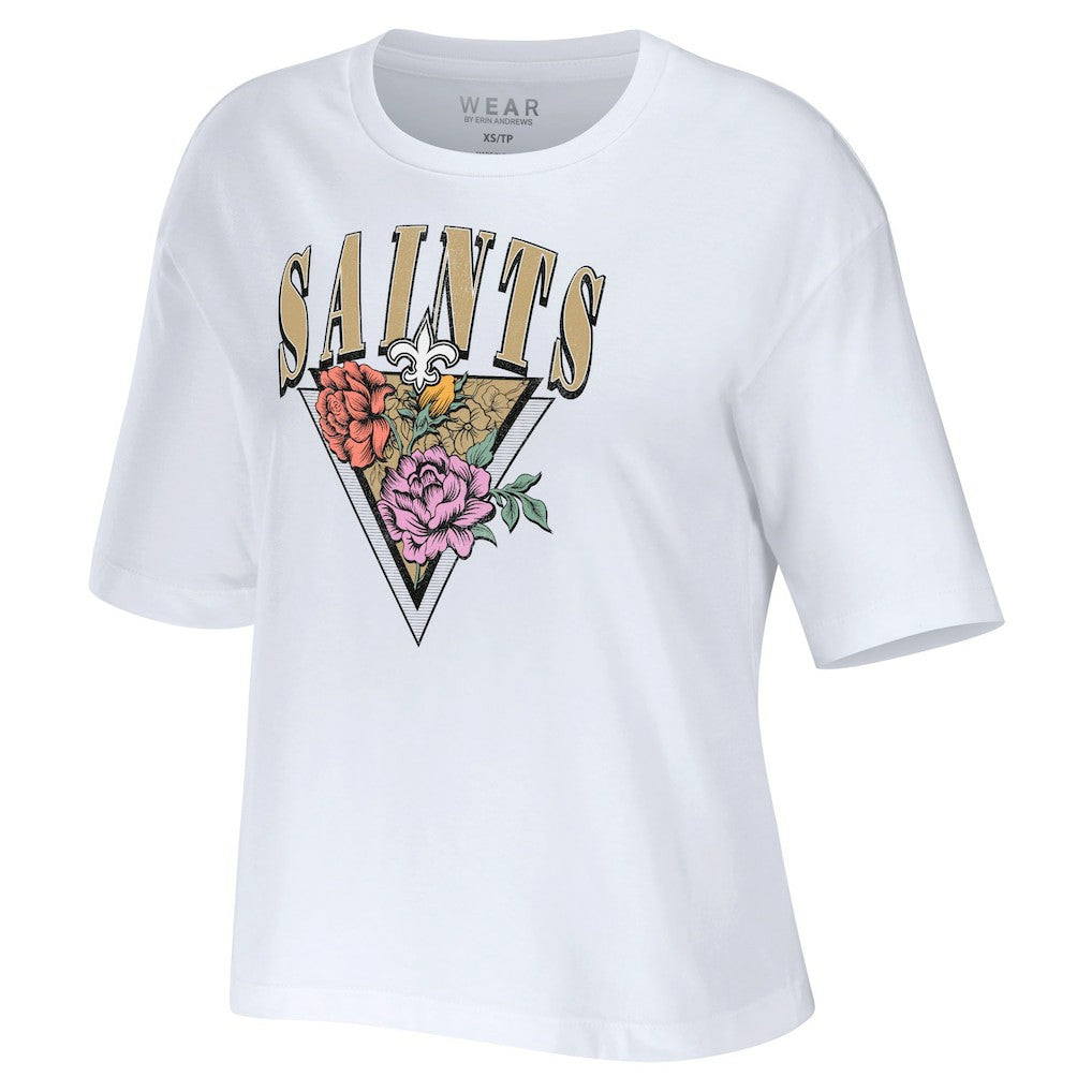 New Orleans Saints WEAR by Erin Andrews Women's Boxy Floral Cropped T-Shirt White | NFL