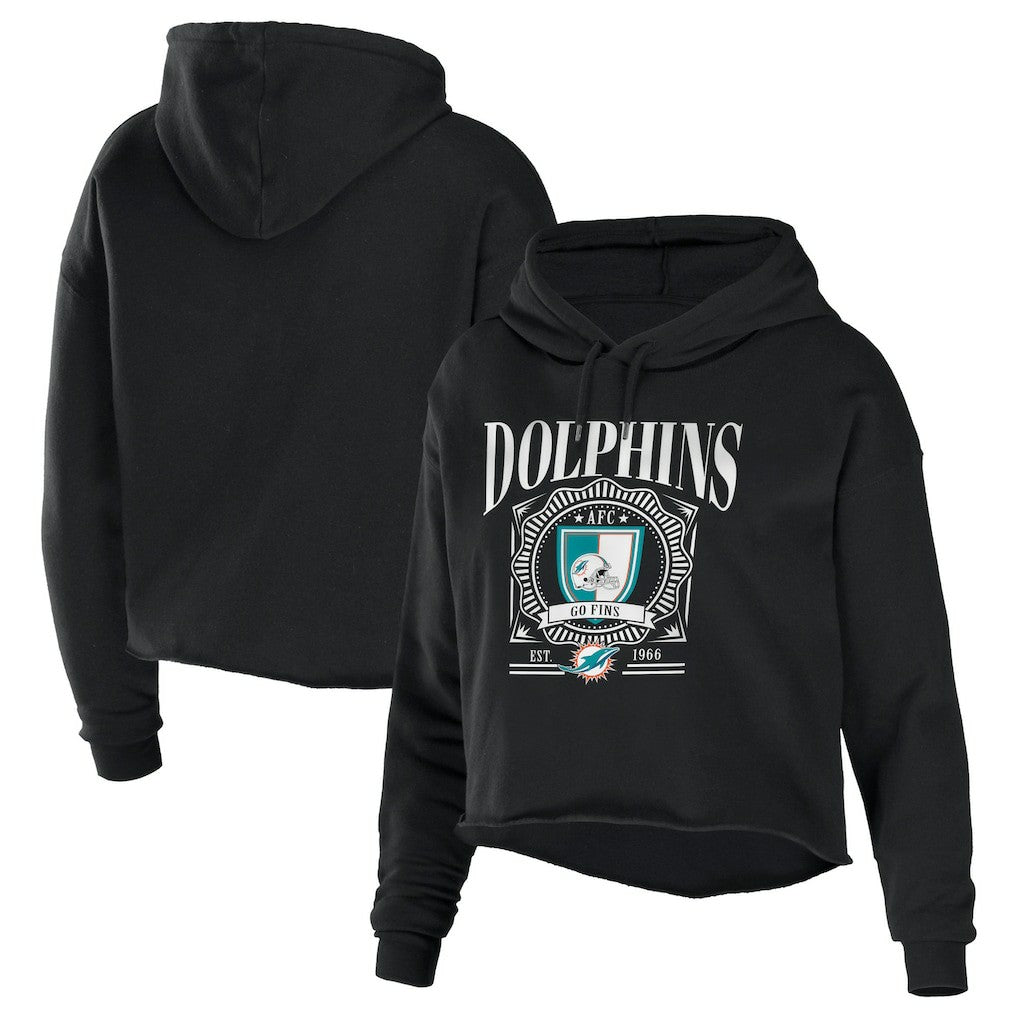 Miami Dolphins WEAR by Erin Andrews Women's Cropped Sponge Fleece Pullover Hoodie Black | NFL