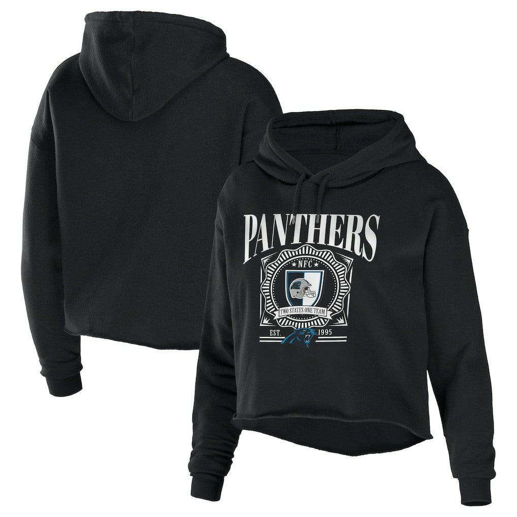 Carolina Panthers WEAR by Erin Andrews Women's Cropped Sponge Fleece Pullover Hoodie Black | NFL