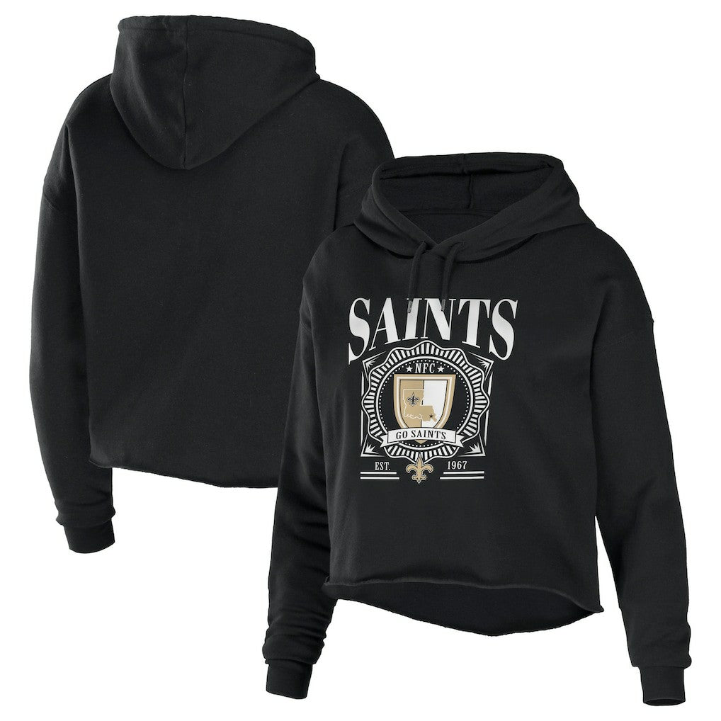 New Orleans Saints WEAR by Erin Andrews Women's Cropped Sponge Fleece Pullover Hoodie Black | NFL