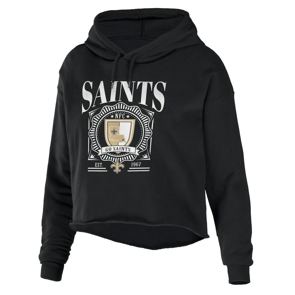New Orleans Saints WEAR by Erin Andrews Women's Cropped Sponge Fleece Pullover Hoodie Black | NFL