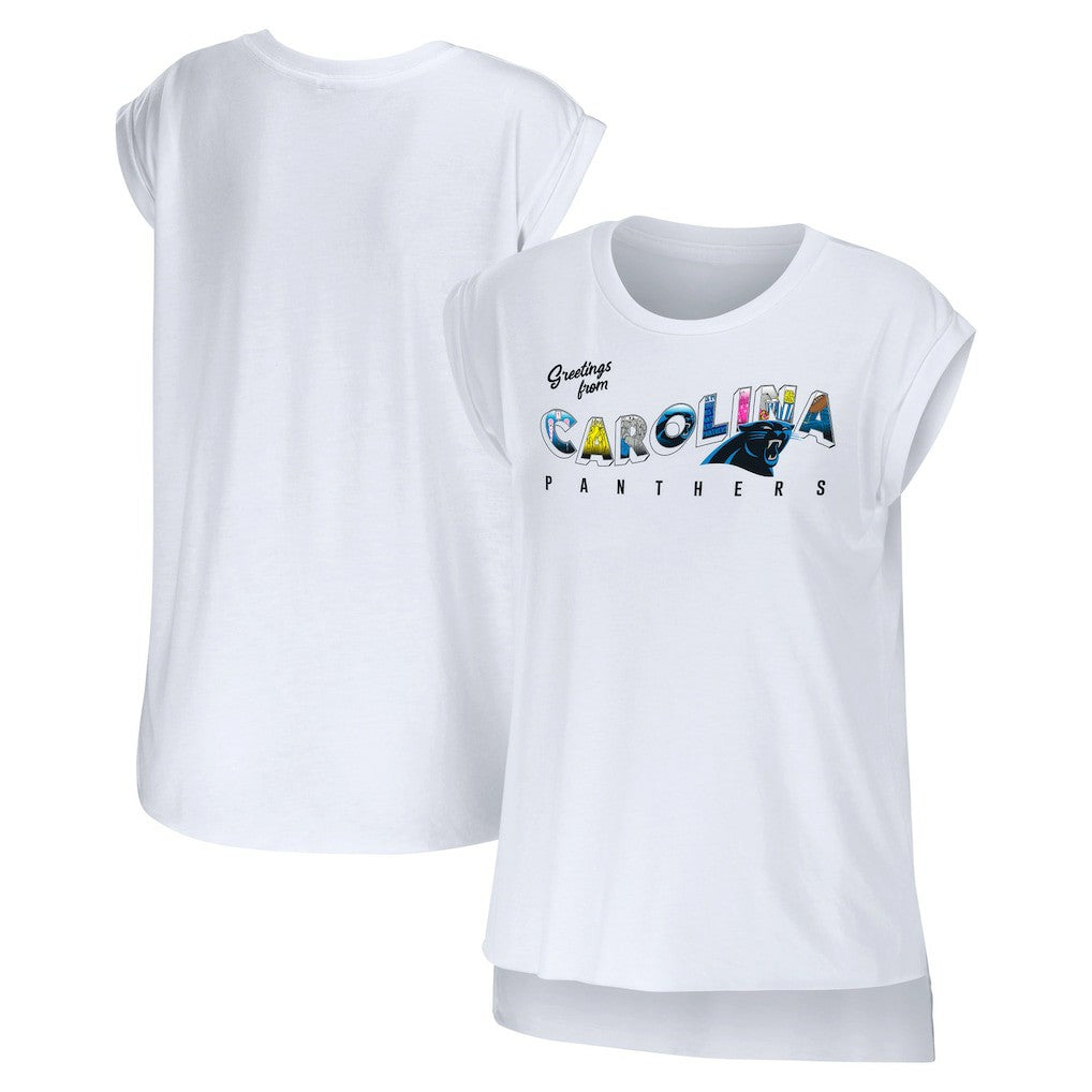 Carolina Panthers WEAR by Erin Andrews Women's Greetings From Muscle T-Shirt White | NFL