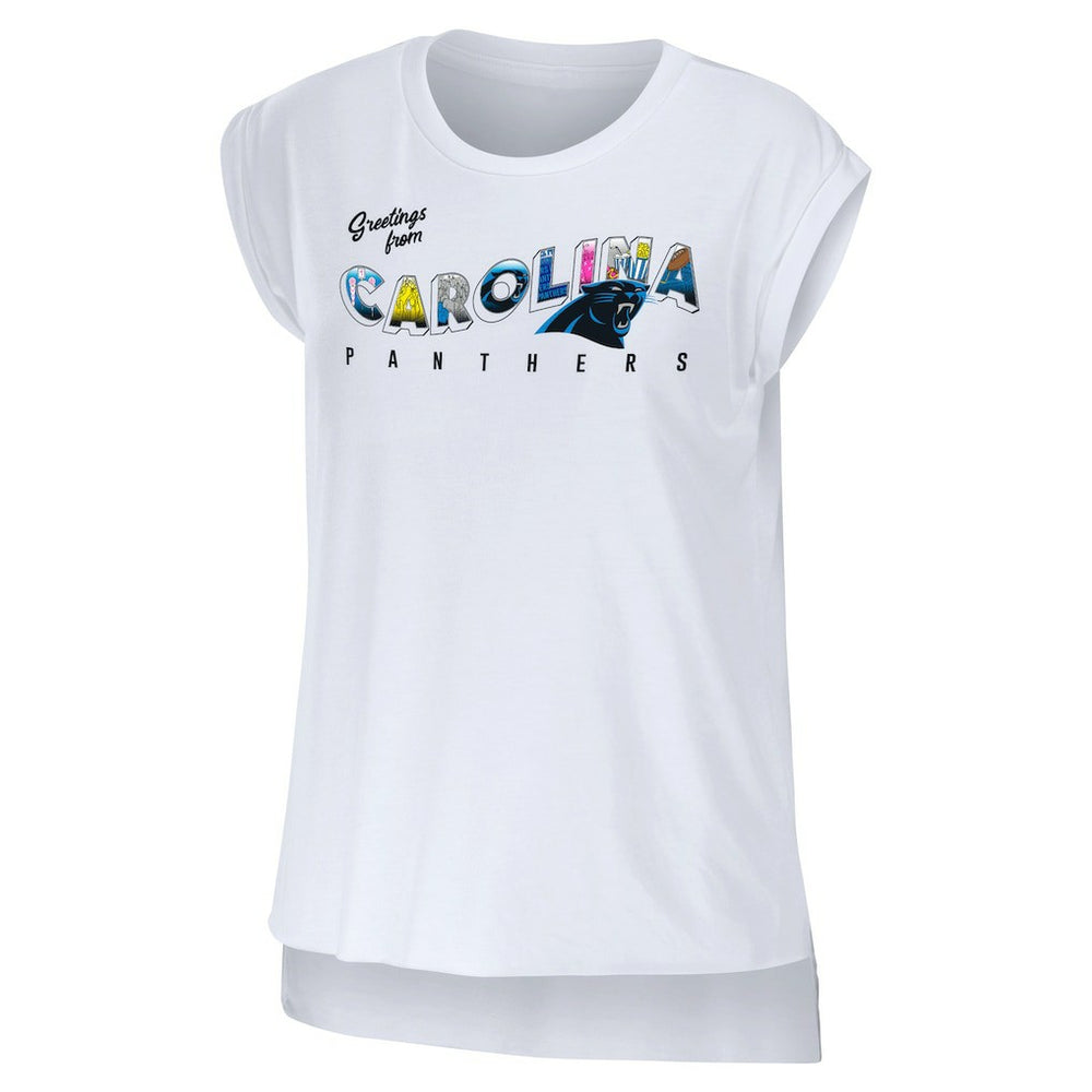 Carolina Panthers WEAR by Erin Andrews Women's Greetings From Muscle T-Shirt White | NFL