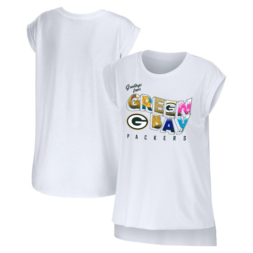 Green Bay Packers WEAR by Erin Andrews Women's Greetings From Muscle T-Shirt White | NFL