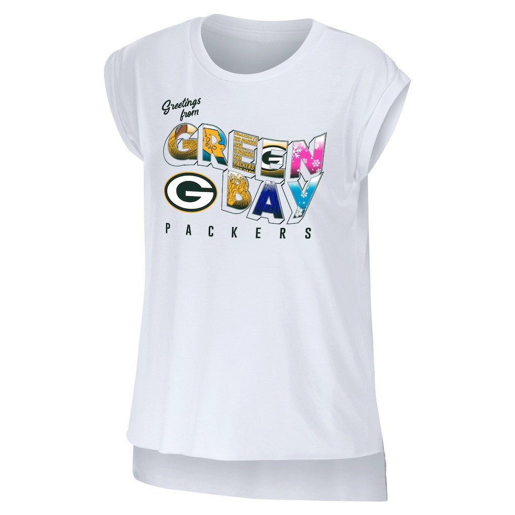 Green Bay Packers WEAR by Erin Andrews Women's Greetings From Muscle T-Shirt White | NFL