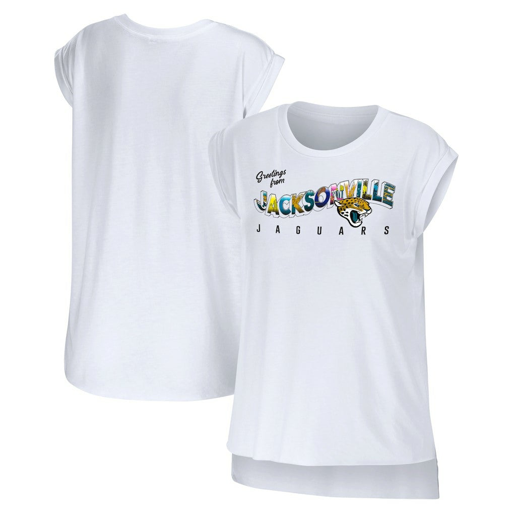 Jacksonville Jaguars WEAR by Erin Andrews Women's Greetings From Muscle T-Shirt White | NFL