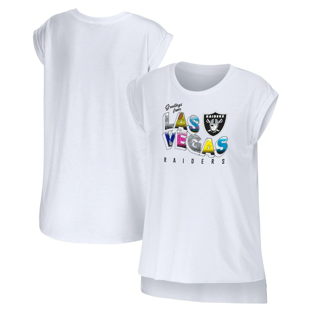 Las Vegas Raiders WEAR by Erin Andrews Women's Greetings From Muscle T-Shirt White | NFL