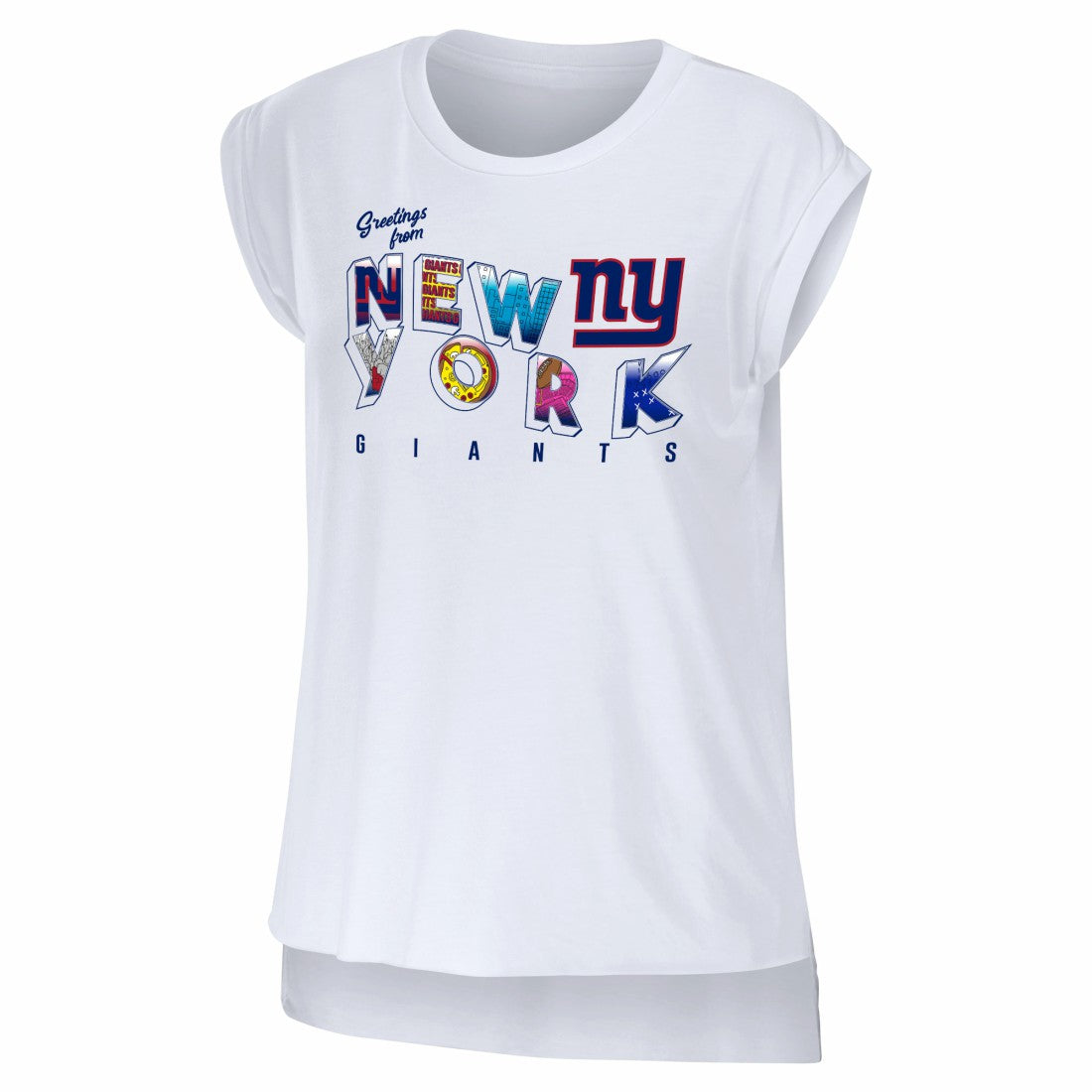 New York Giants WEAR by Erin Andrews Women's Greetings From Muscle T-Shirt White | NFL