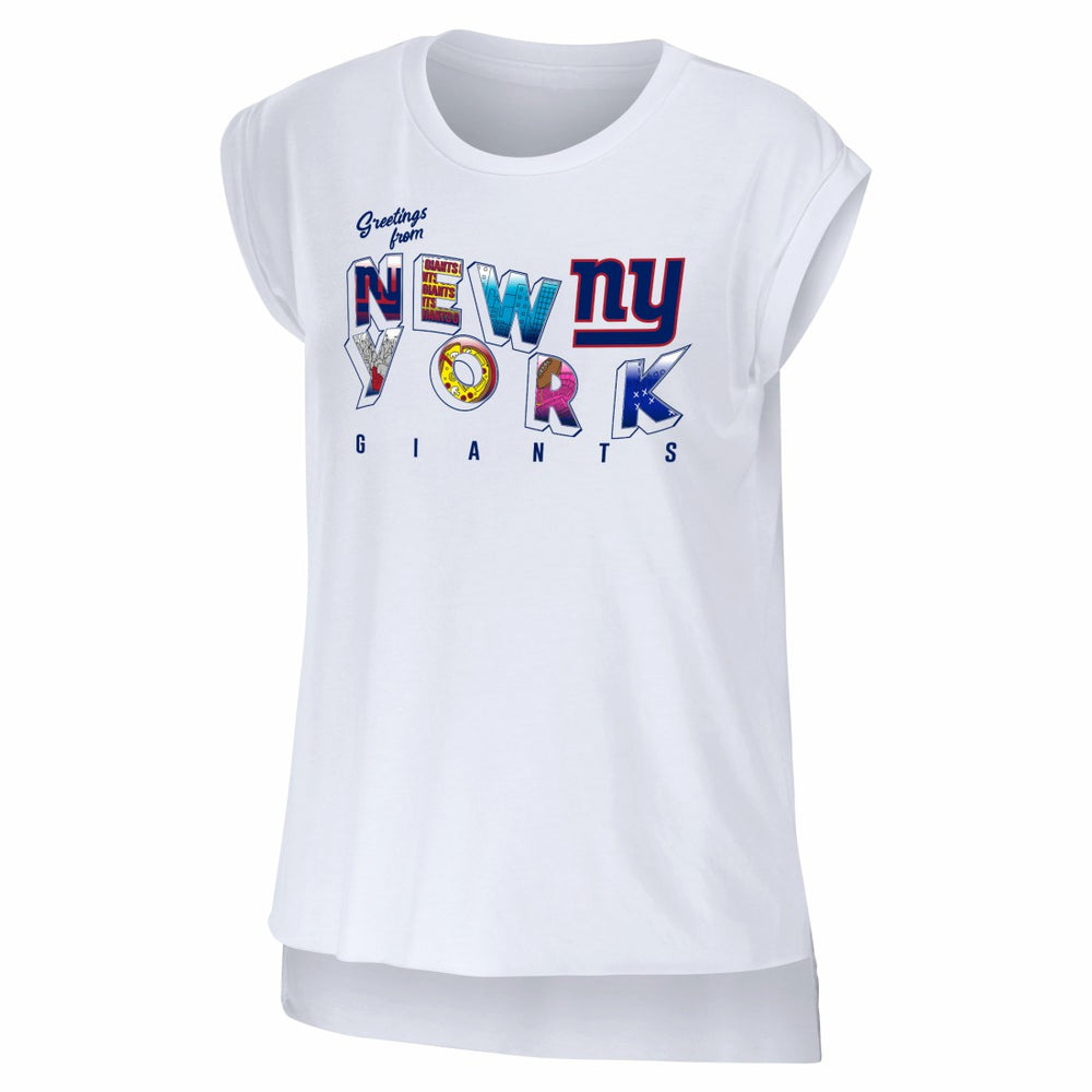 New York Giants WEAR by Erin Andrews Women's Greetings From Muscle T-Shirt White | NFL
