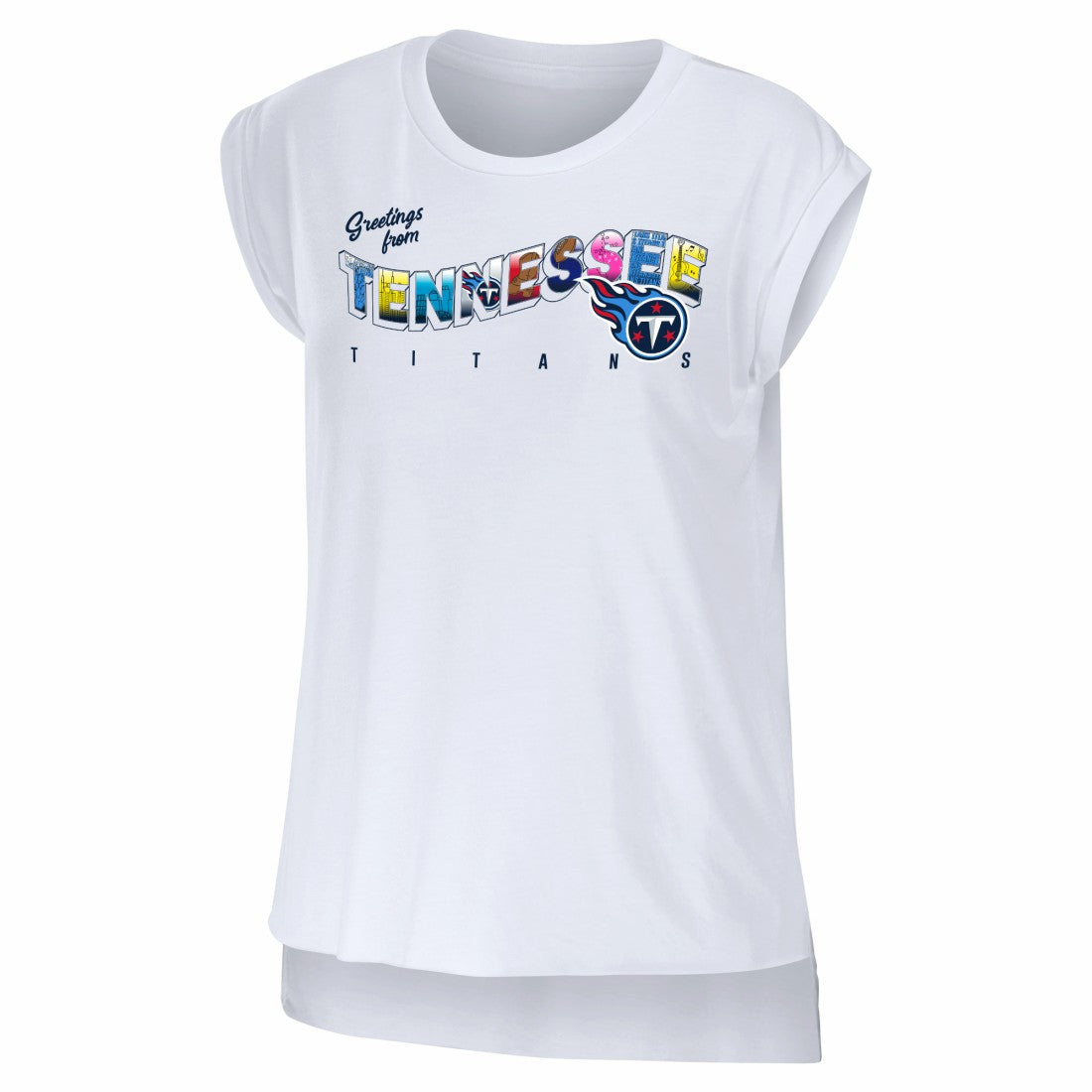 Tennessee Titans WEAR by Erin Andrews Women's Greetings From Muscle T-Shirt White | NFL