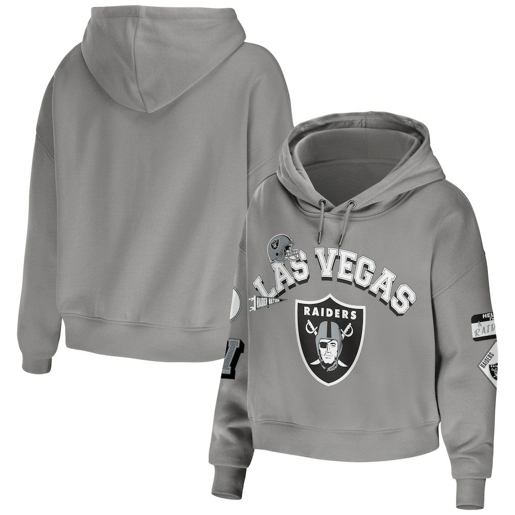 Las Vegas Raiders WEAR by Erin Andrews Women's Plus Size Modest Cropped Pullover Hoodie Gray | NFL