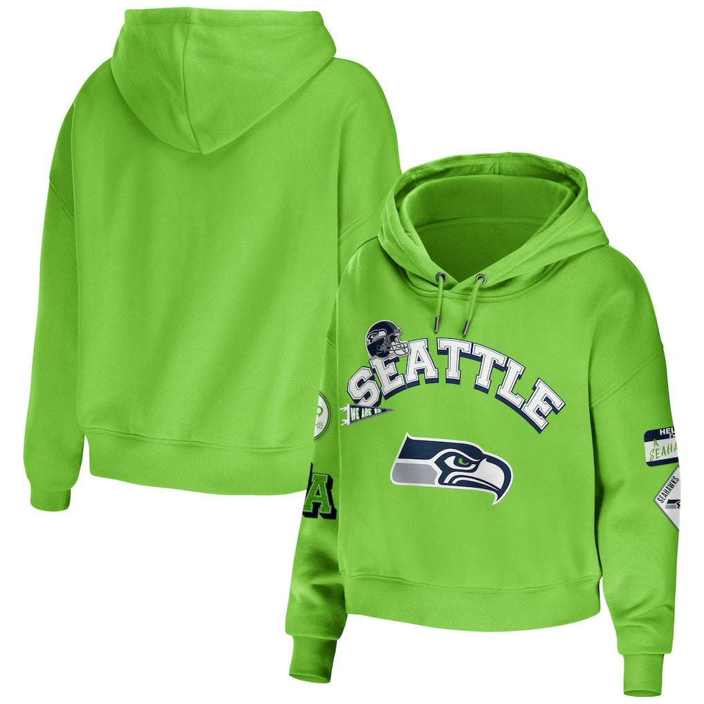 Seattle Seahawks WEAR by Erin Andrews Women's Plus Size Modest Cropped Pullover Hoodie Neon Green | NFL