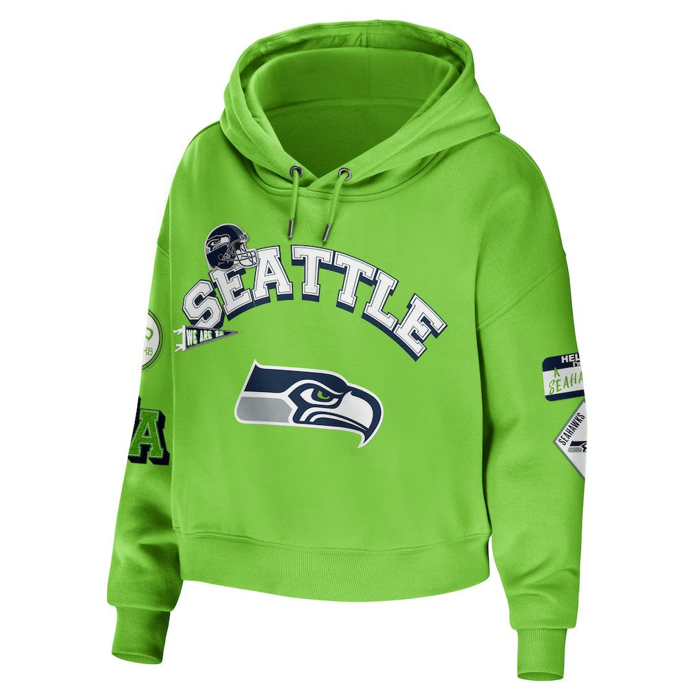 Seattle Seahawks WEAR by Erin Andrews Women's Plus Size Modest Cropped Pullover Hoodie Neon Green | NFL