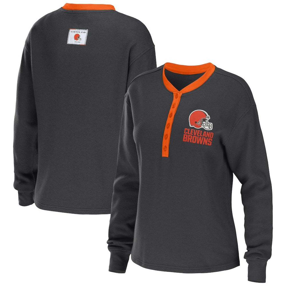 Cleveland Browns WEAR by Erin Andrews Women's Waffle Henley Long Sleeve T-Shirt Charcoal | NFL