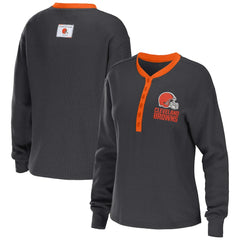 Cleveland Browns WEAR by Erin Andrews Women's Waffle Henley Long Sleeve T-Shirt Charcoal | NFL
