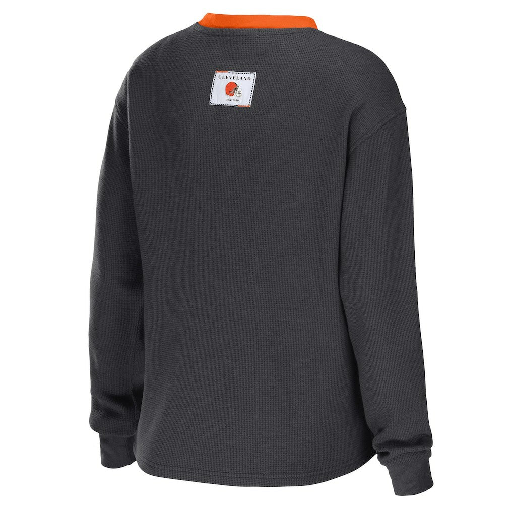 Cleveland Browns WEAR by Erin Andrews Women's Waffle Henley Long Sleeve T-Shirt Charcoal | NFL