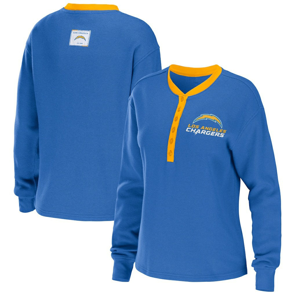 Los Angeles Chargers WEAR by Erin Andrews Women's Waffle Henley Long Sleeve T-Shirt Powder Blue | NFL