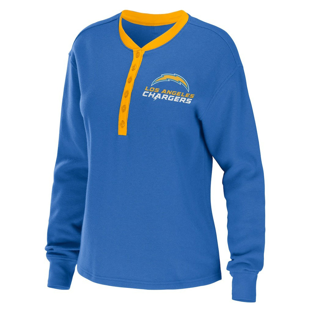 Los Angeles Chargers WEAR by Erin Andrews Women's Waffle Henley Long Sleeve T-Shirt Powder Blue | NFL
