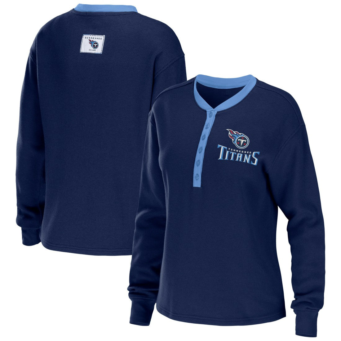 Tennessee Titans WEAR by Erin Andrews Women's Waffle Henley Long Sleeve T-Shirt Navy | NFL