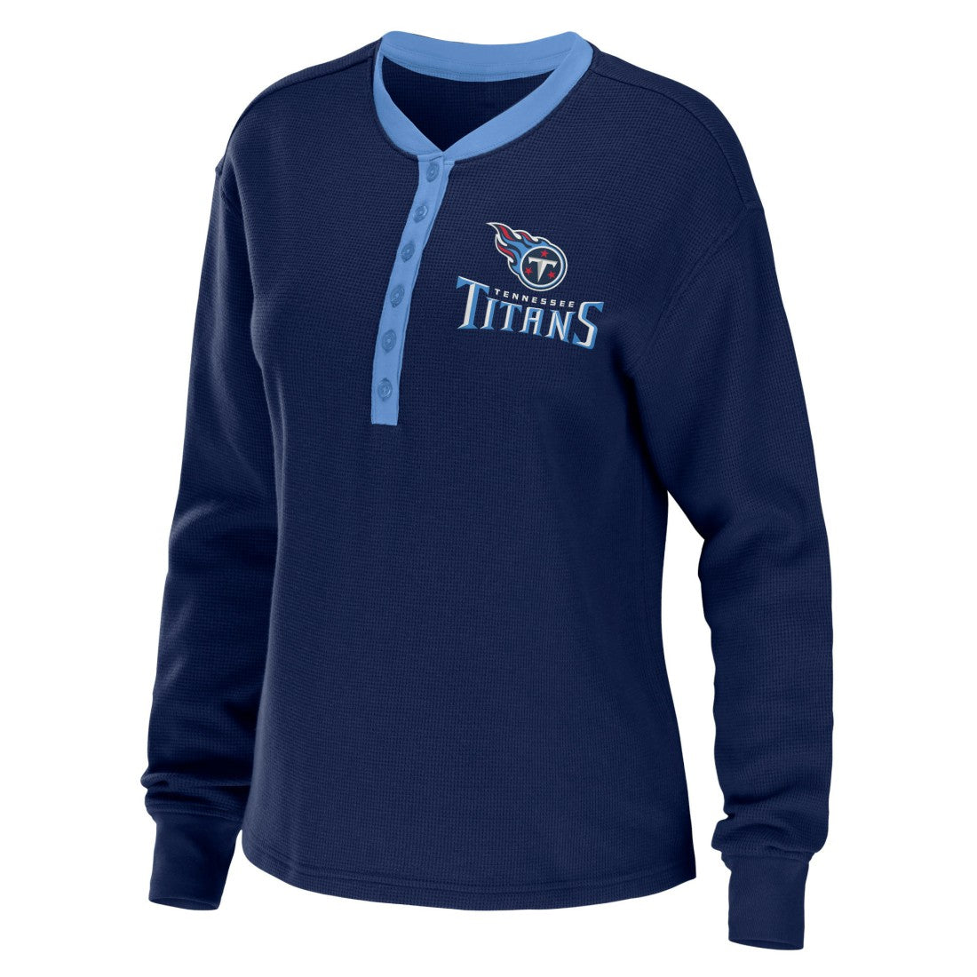 Tennessee Titans WEAR by Erin Andrews Women's Waffle Henley Long Sleeve T-Shirt Navy | NFL