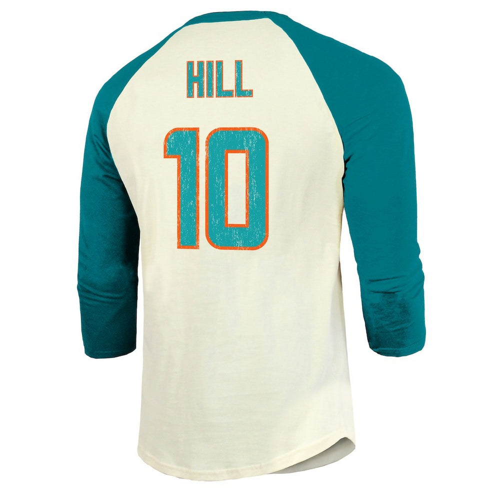 Tyreek Hill Miami Dolphins Majestic Threads Vintage Player Name & Number Raglan 3/4-Sleeve T-Shirt Cream/Aqua | NFL