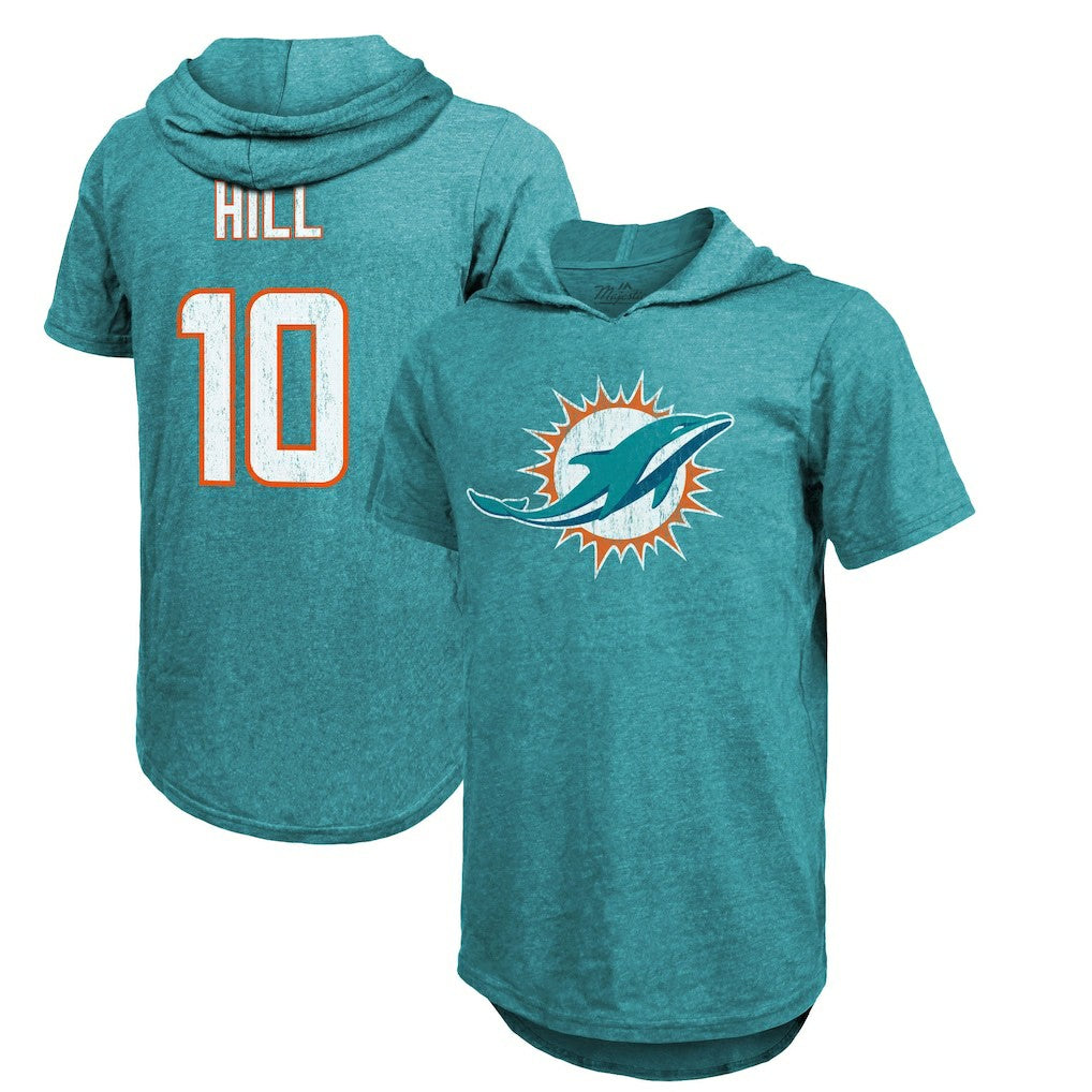 Tyreek Hill Miami Dolphins Majestic Threads Player Name & Number Short Sleeve Hoodie T-Shirt Aqua | NFL