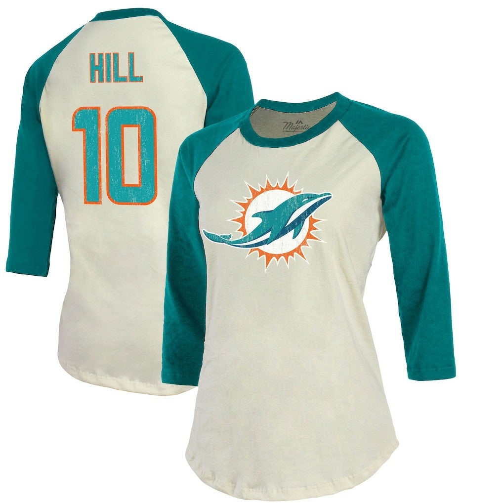 Tyreek Hill Miami Dolphins Majestic Threads Vintage Player Name & Number Raglan 3/4-Sleeve T-Shirt Cream/Aqua | NFL