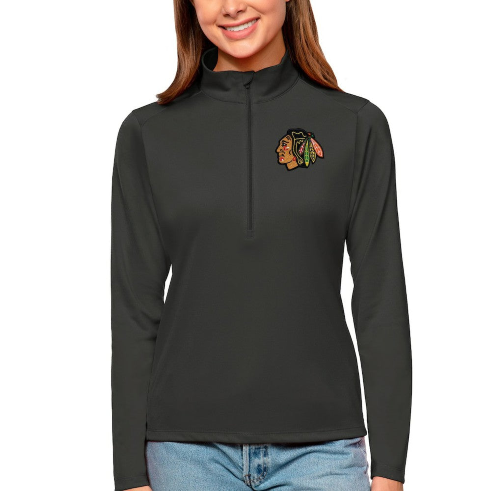 Chicago Blackhawks Antigua Women's Tribute Quarter-Zip Pullover Top - Charcoal - NHL