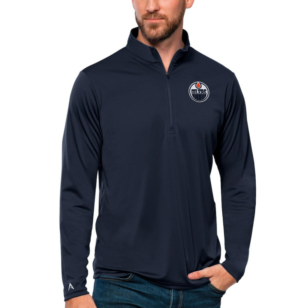 Edmonton Oilers Antigua Tribute Quarter-Zip Pullover Top - Navy - NHL