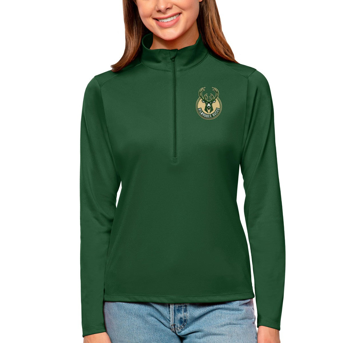 Milwaukee Bucks Antigua Women's Tribute Half-Zip Top Hunter Green - NBA