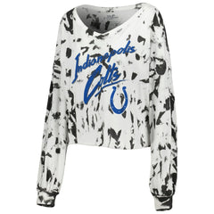 Jonathan Taylor Indianapolis Colts Majestic Threads Women's Off-Shoulder Tie-Dye Name & Number Cropped Long Sleeve V-Neck T-Shirt White | NFL