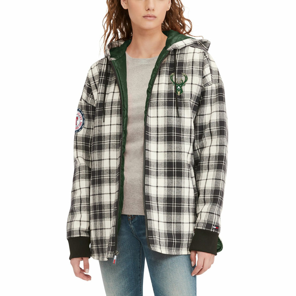 Milwaukee Bucks Tommy Jeans Women's Molly Flannel Full-Zip Hoodie Black/Cream - NBA