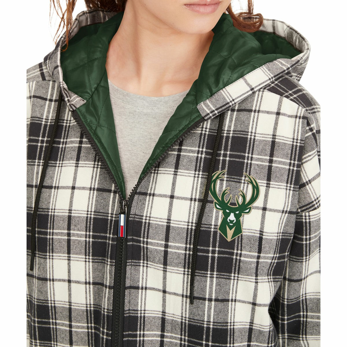 Milwaukee Bucks Tommy Jeans Women's Molly Flannel Full-Zip Hoodie Black/Cream - NBA