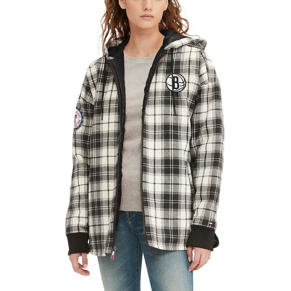 Brooklyn Nets Tommy Jeans Women's Molly Flannel Full-Zip Hoodie Black/Cream - NBA
