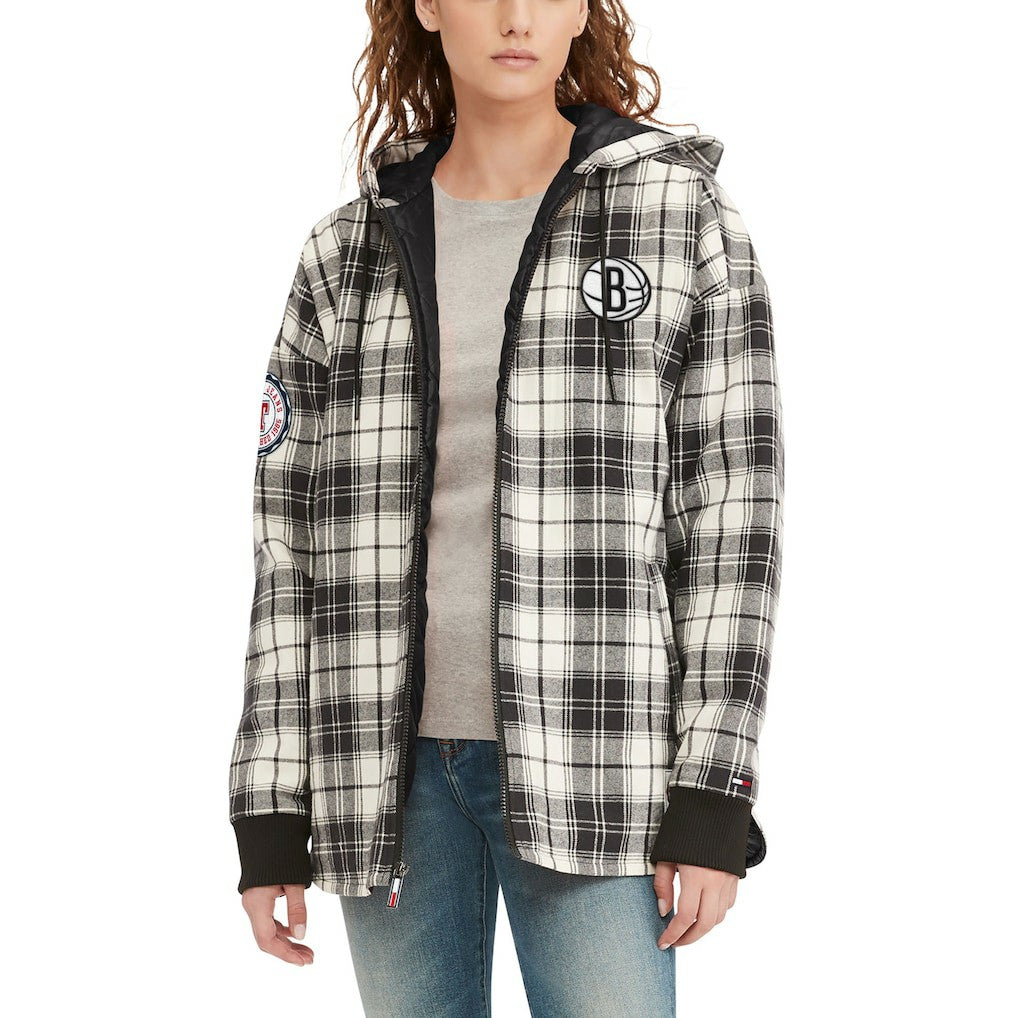 Brooklyn Nets Tommy Jeans Women's Molly Flannel Full-Zip Hoodie Black/Cream - NBA
