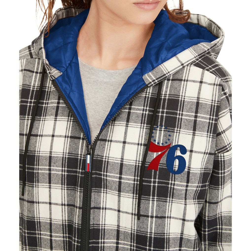Philadelphia 76ers Tommy Jeans Women's Molly Flannel Full-Zip Hoodie Black/Cream - NBA