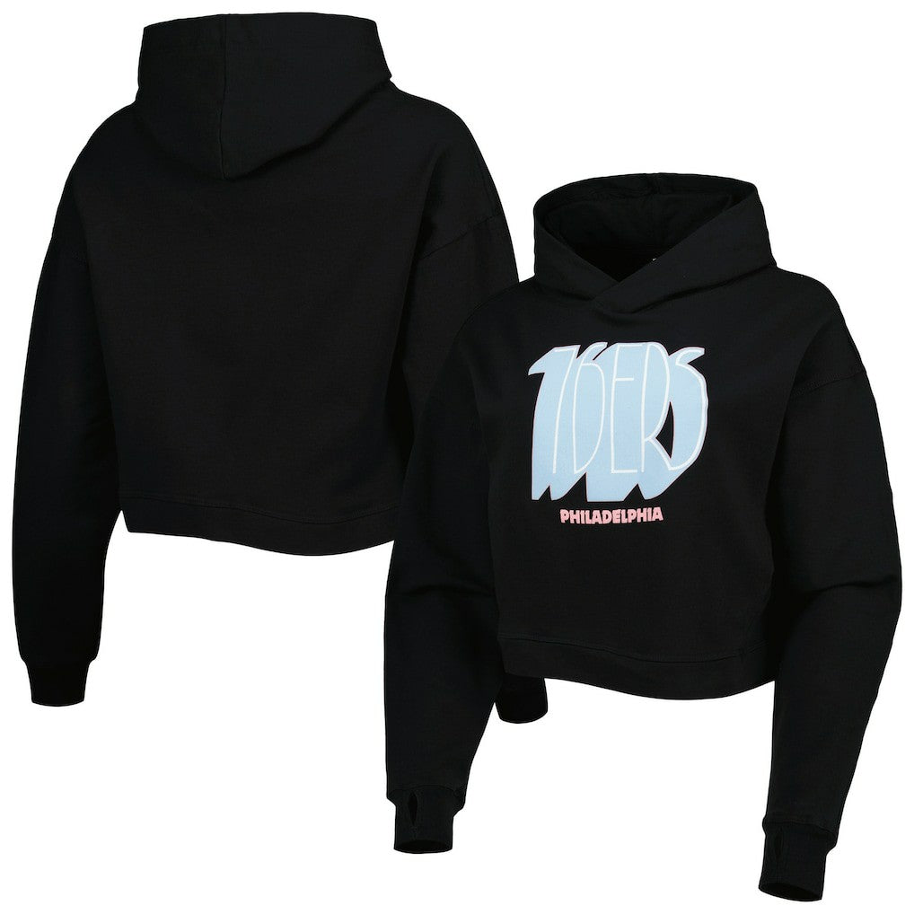 Philadelphia 76ers Lusso Women's Layla World Tour Cropped Pullover Hoodie Black - NBA