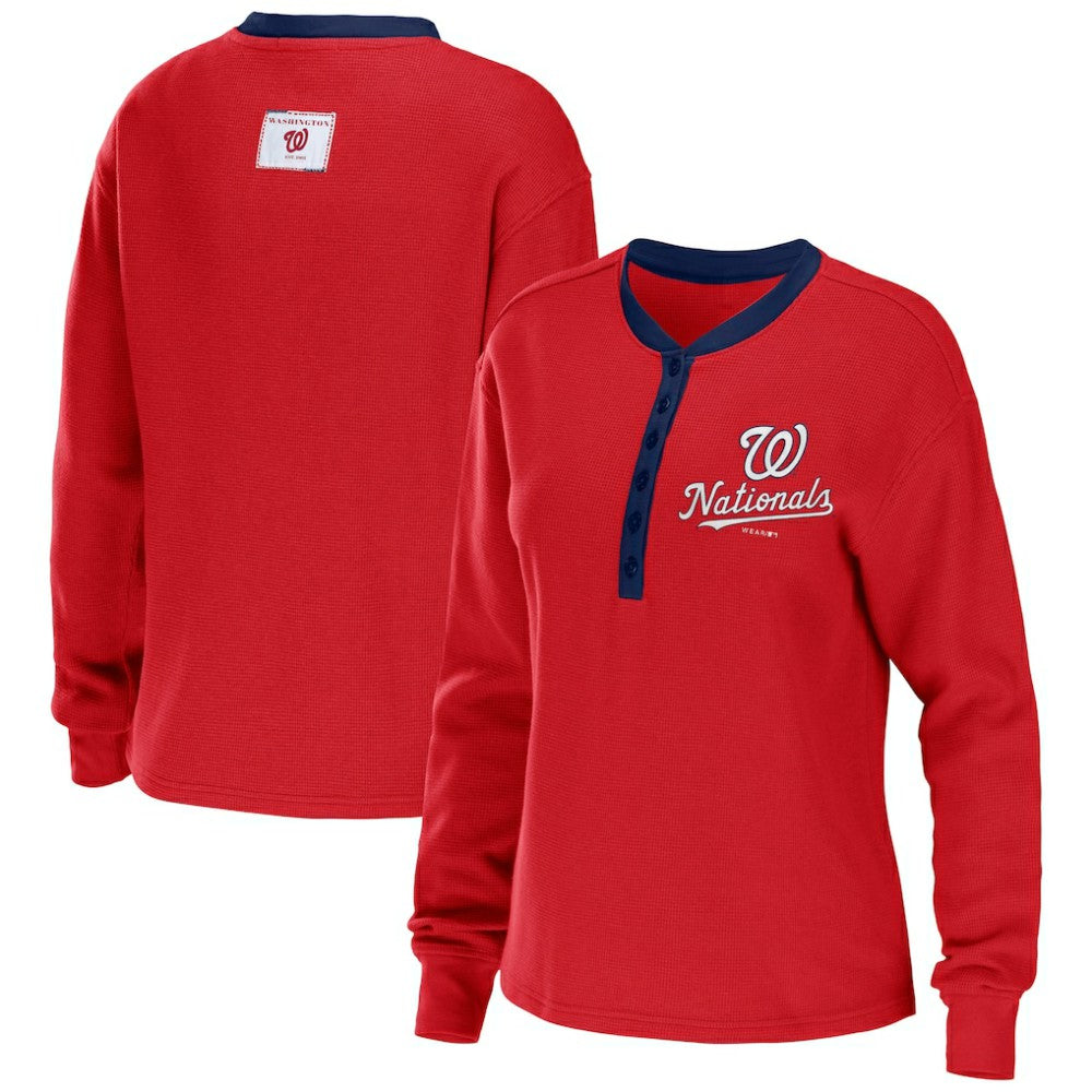 Washington Nationals WEAR by Erin Andrews Women's Waffle Henley Long Sleeve T-Shirt - MLB