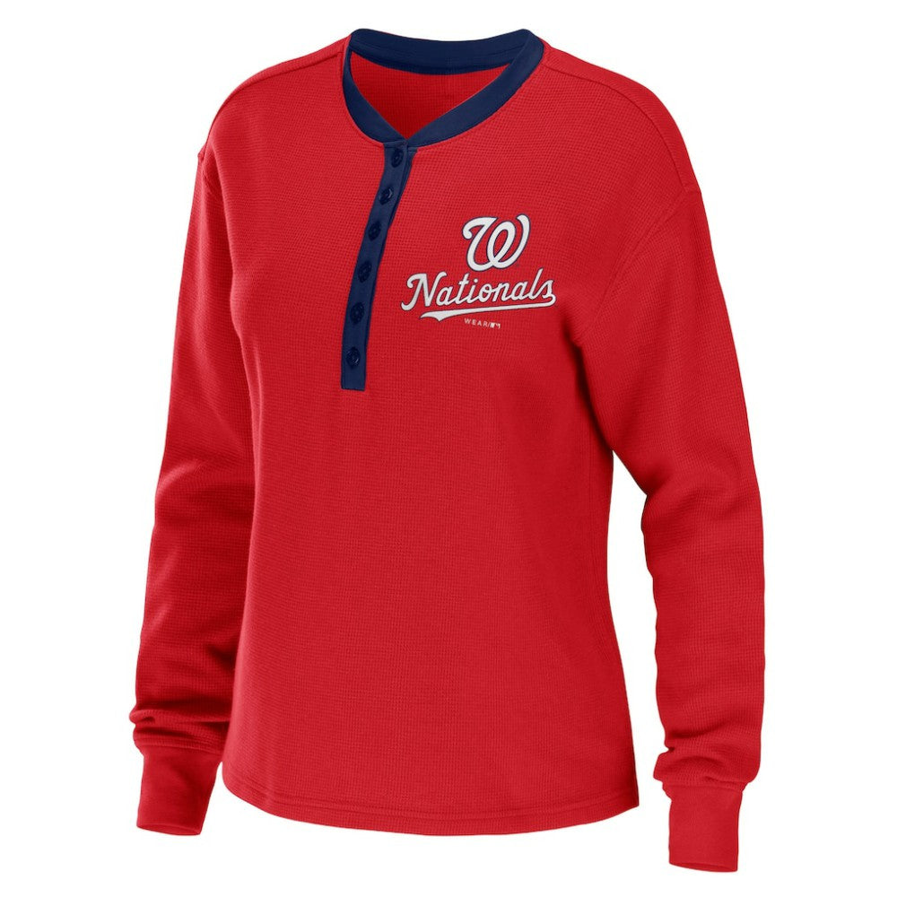 Washington Nationals WEAR by Erin Andrews Women's Waffle Henley Long Sleeve T-Shirt - MLB