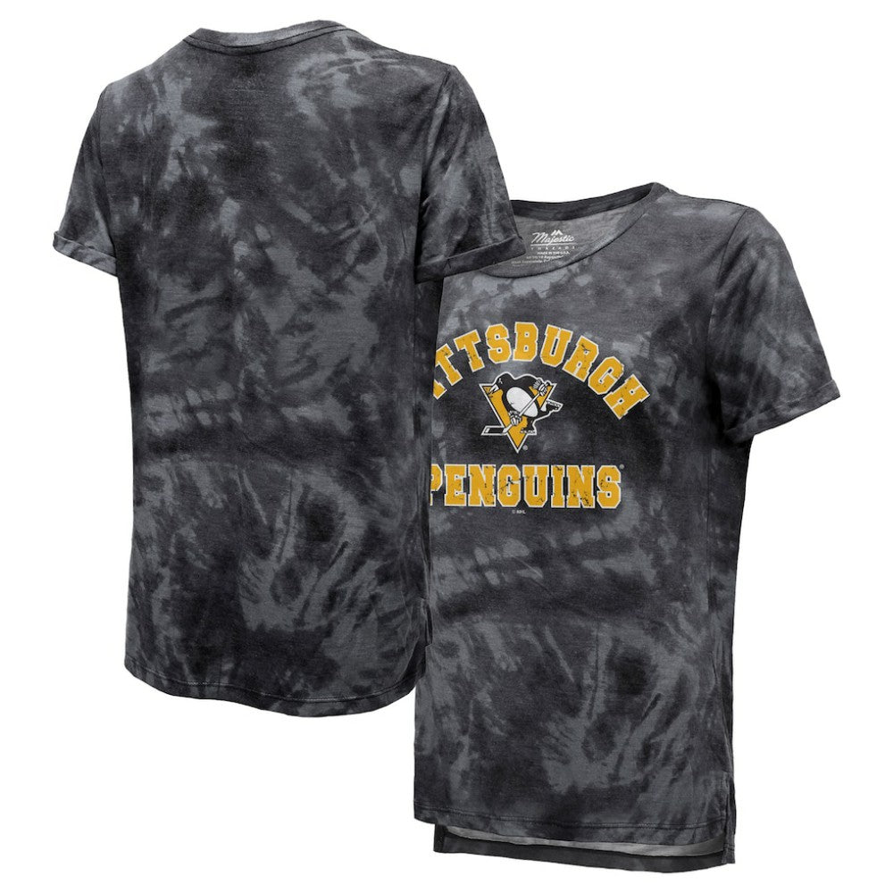 Pittsburgh Penguins Majestic Threads Women's Boyfriend Tie-Dye Tri-Blend T-Shirt - Black - NHL
