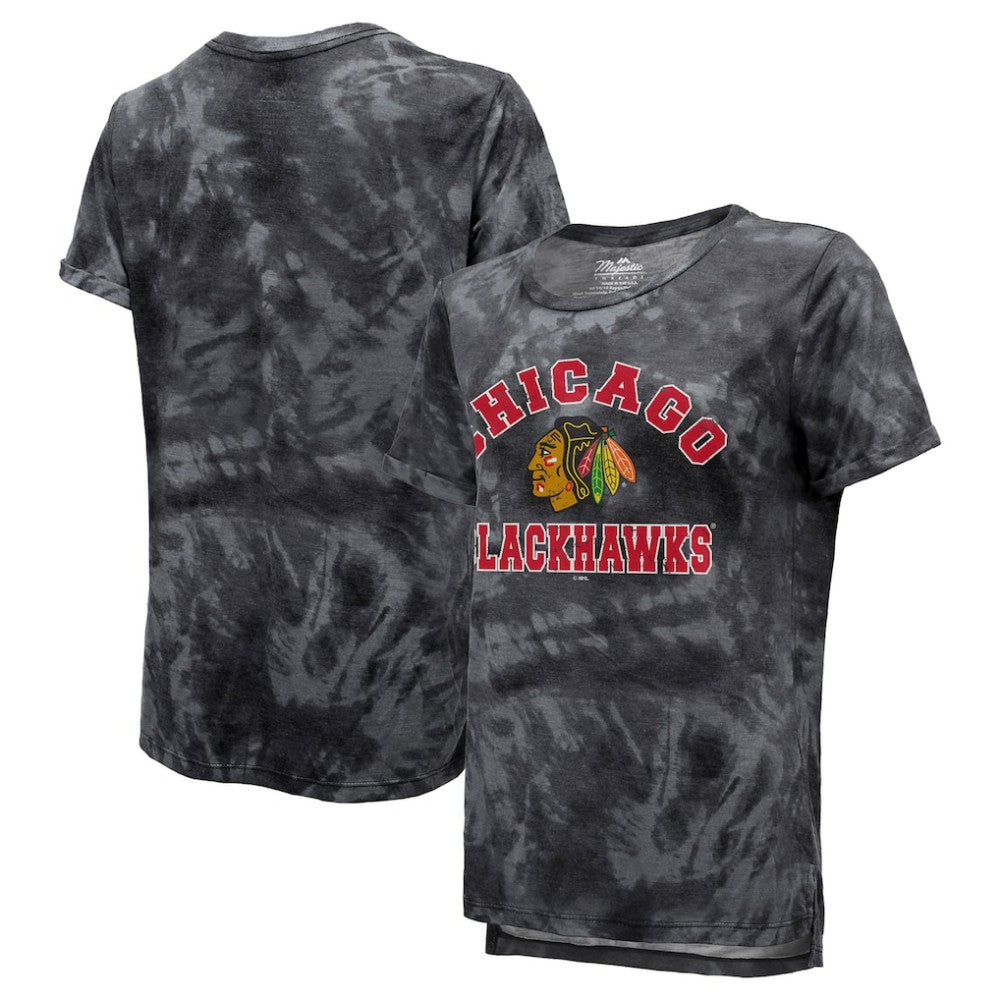 Chicago Blackhawks Majestic Threads Women's Boyfriend Tie-Dye Tri-Blend T-Shirt - Black - NHL