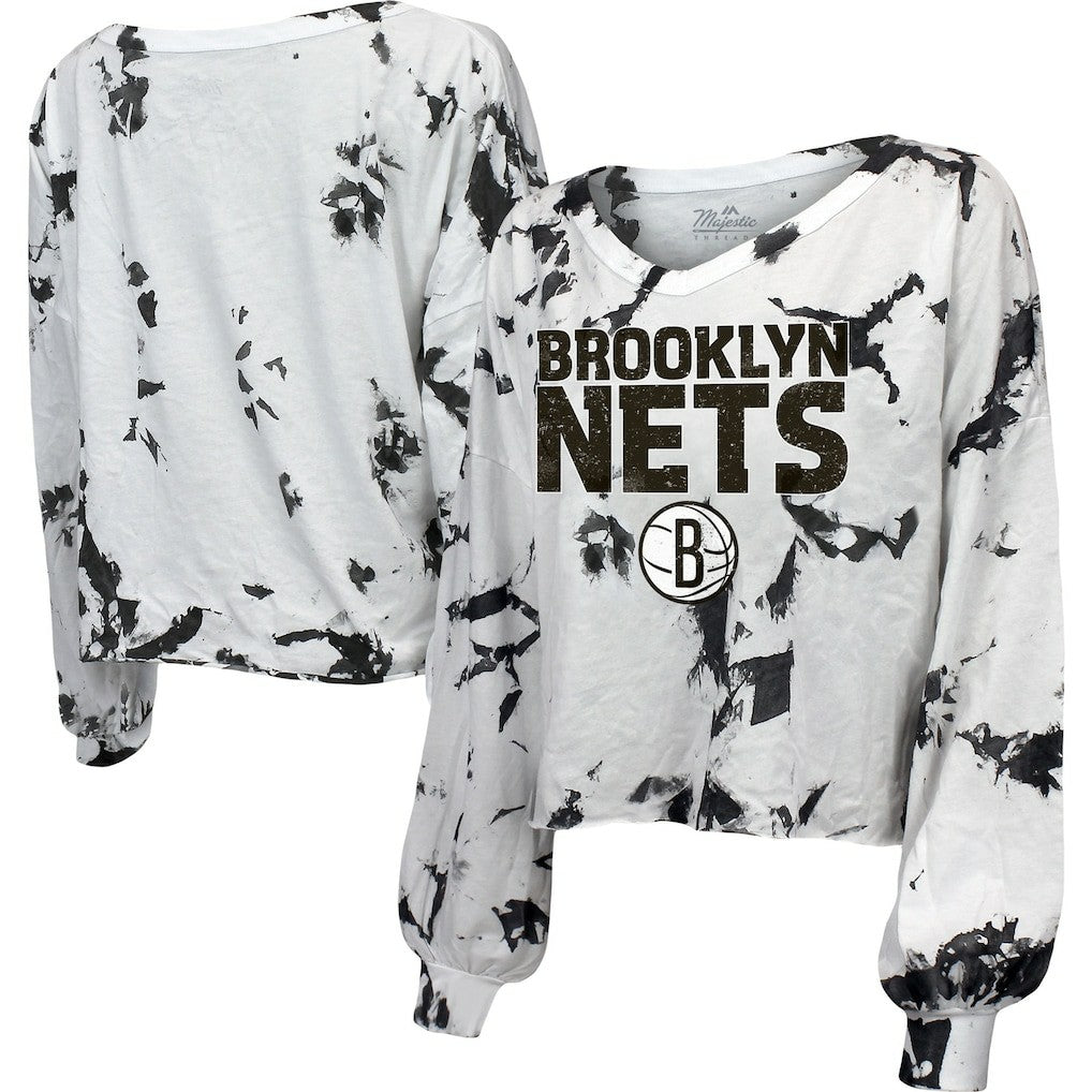 Brooklyn Nets Majestic Threads Women's Aquarius Tie-Dye Cropped V-Neck Long Sleeve T-Shirt White/Black - NBA