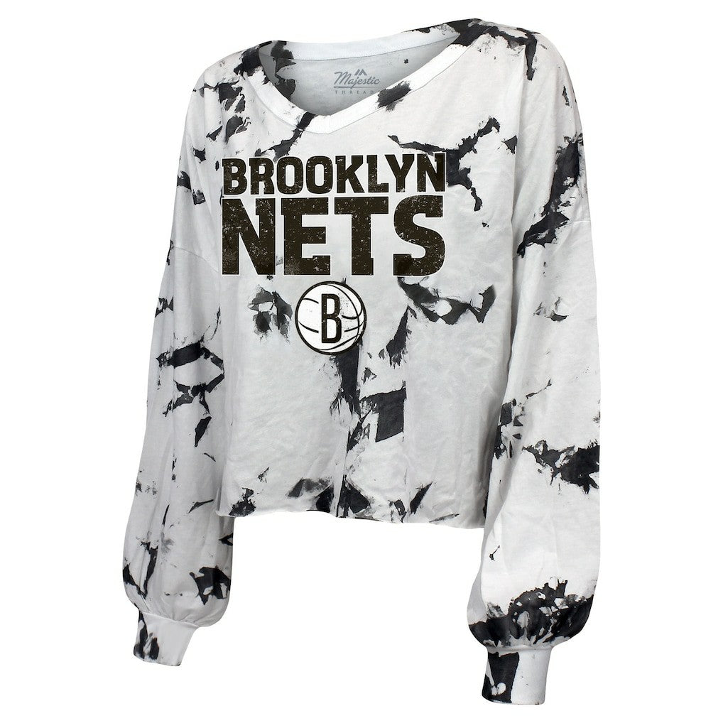 Brooklyn Nets Majestic Threads Women's Aquarius Tie-Dye Cropped V-Neck Long Sleeve T-Shirt White/Black - NBA