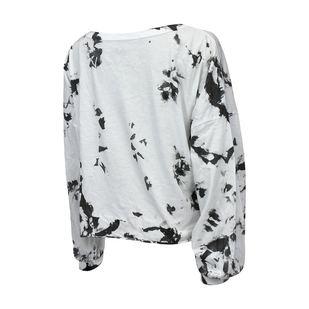 Brooklyn Nets Majestic Threads Women's Aquarius Tie-Dye Cropped V-Neck Long Sleeve T-Shirt White/Black - NBA