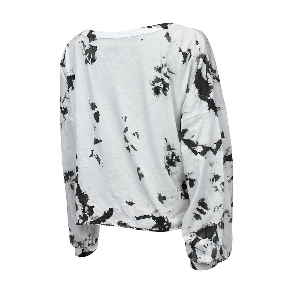 Brooklyn Nets Majestic Threads Women's Aquarius Tie-Dye Cropped V-Neck Long Sleeve T-Shirt White/Black - NBA