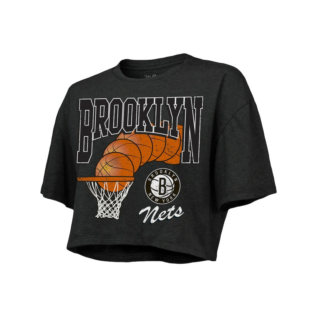 Brooklyn Nets Majestic Threads Women's Bank Shot Cropped T-Shirt Charcoal - NBA