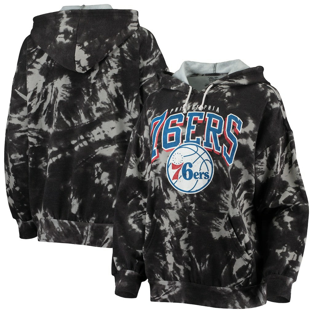 Philadelphia 76ers Majestic Threads Women's Burble Tie-Dye Tri-Blend Pullover Hoodie Black - NBA